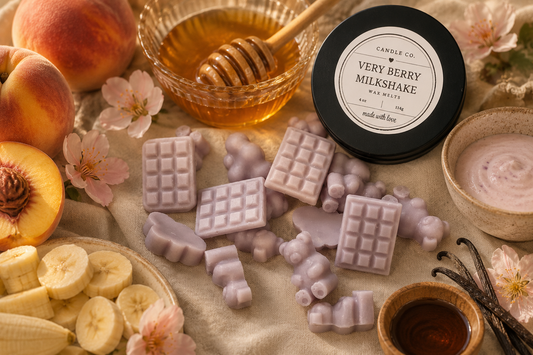 LJ Candle Co Very Berry Milkshake wax melts in a clear container with purple and pink wax, showcasing the berry and milkshake scent.