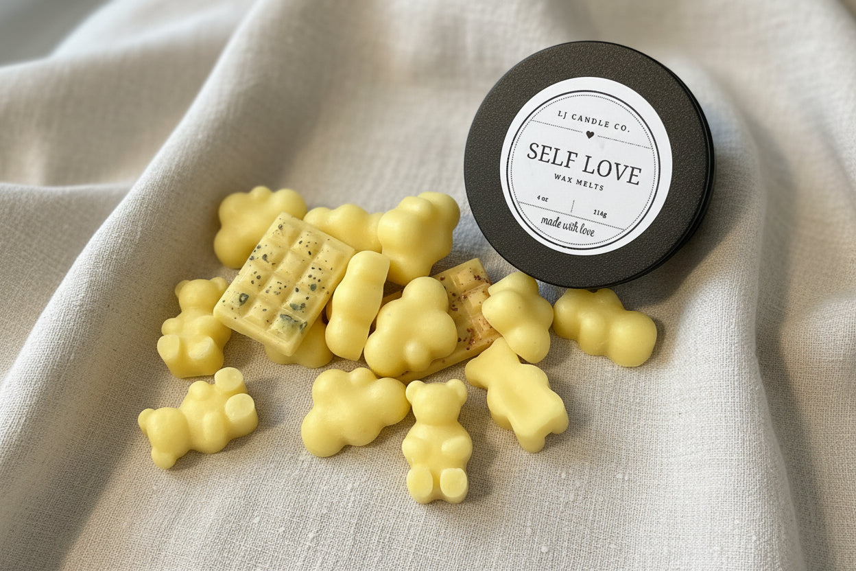 Yellow bear-shaped candles with a round container labeled 'Self Love' on a beige fabric background.