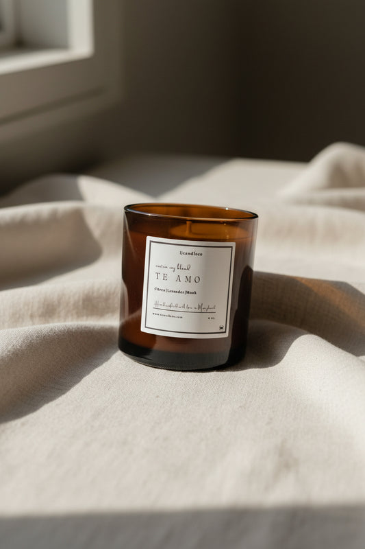 LJ Candle Co Te Amo scented candle in a stylish glass jar with a white label and black text, ready for decorative display