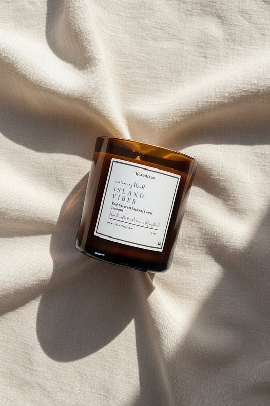 LJ Candle Co Island Vibes scented candle with tropical-themed label and wooden lid on a neutral background