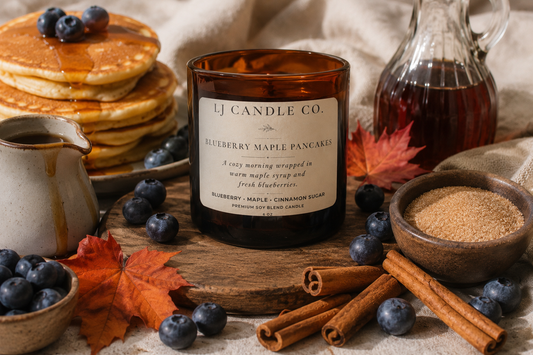Blueberry Maple Pancake Candle by LJ Candle Co, showing a cozy candle with blueberry and maple scent themes in a glass jar.