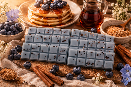 Blueberry Maple Pancake wax melt from LJ Candle Co, showing a colorful, detailed wax piece shaped like a pancake with blueberries and syrup.