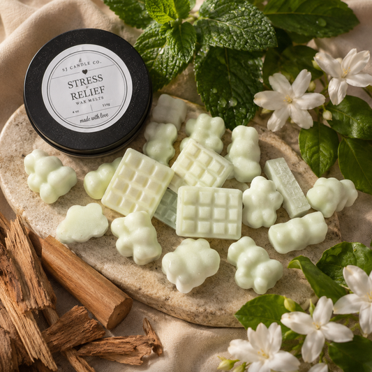 LJ Candle Co Stress Relief wax melts in a clear container, showing soft pastel-colored wax pieces designed for soothing aromatherapy.