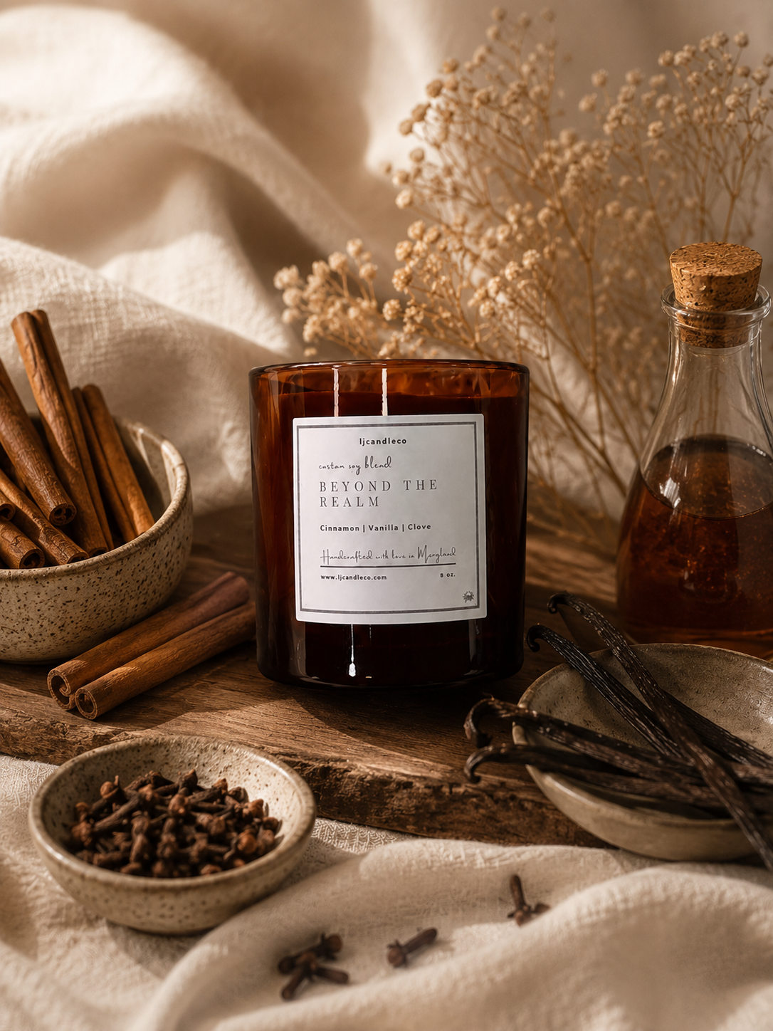 LJ Candle Co Beyond the Realm candle with mystical label design, featuring a sleek black jar and elegant branding.