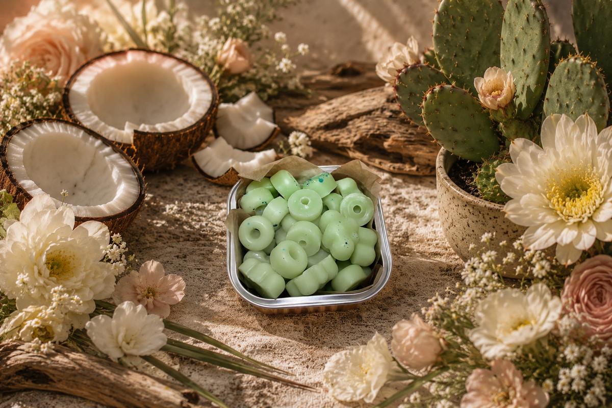 Cactus Dreams wax melts by LJ Candle Co, featuring cactus-shaped wax pieces with a desert-inspired scent and vibrant green color.