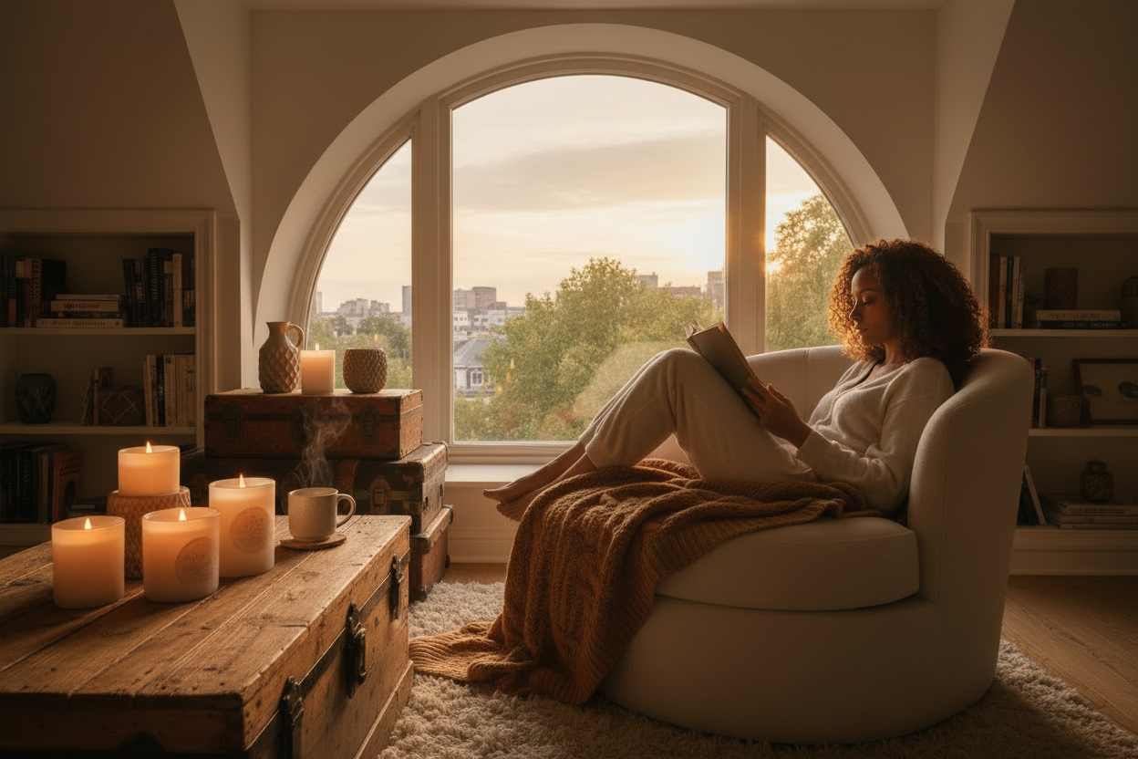 Cozy reading by window with candles