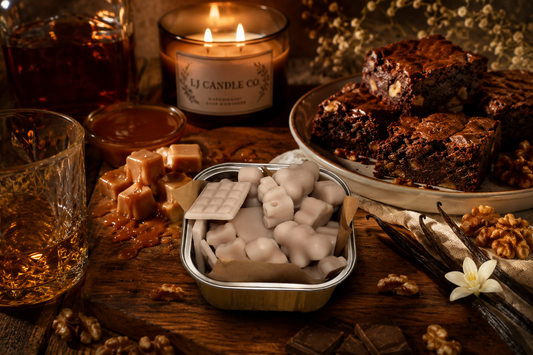Warm fudgy brownie wax melts from LJ Candle Co, featuring rich chocolate scent and square shape in a clear plastic package.