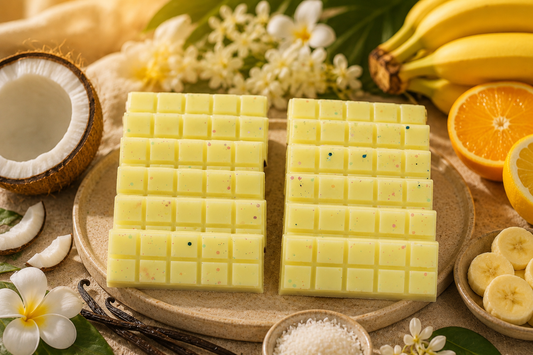 Nostalgic Banana Wax Melts from LJ Candle Co, showing a close-up of the yellow banana-shaped wax melts in a clear container.